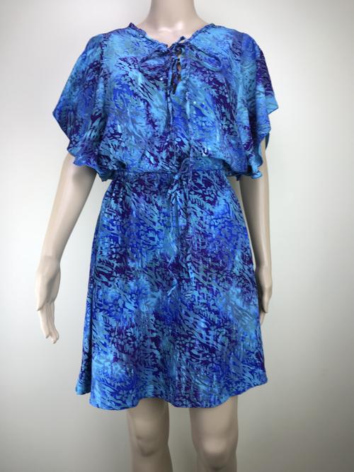 short dress with butterfly sleeves and lace up  front - blue seaweed
