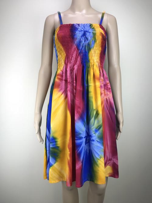 midi dress shirred top tie dye rainbow