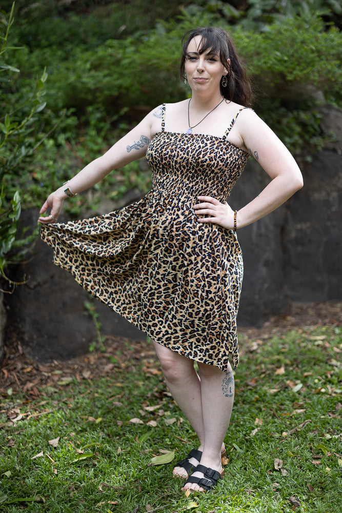 Knee Length Dress with Shirred Top and Adjustable Spaghetti Straps - Leopard