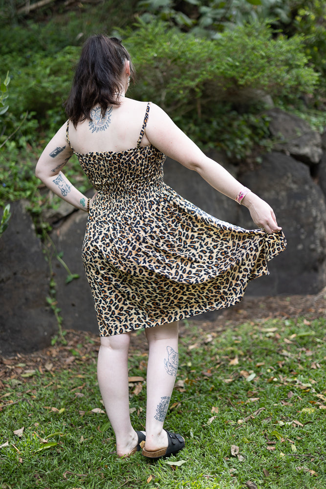 Knee Length Dress with Shirred Top and Adjustable Spaghetti Straps - Leopard