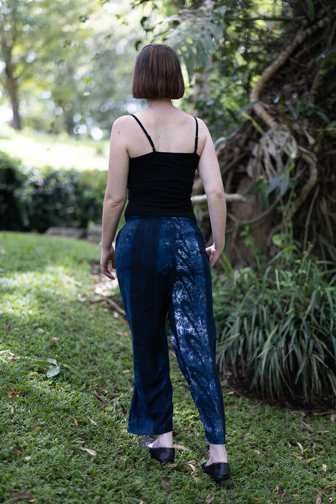 Full Length Pants with Elastic Waist and Pockets - Dark Teal and White Tie Dye