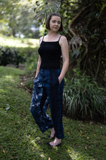 Full Length Pants with Elastic Waist and Pockets - Dark Teal and White Tie Dye