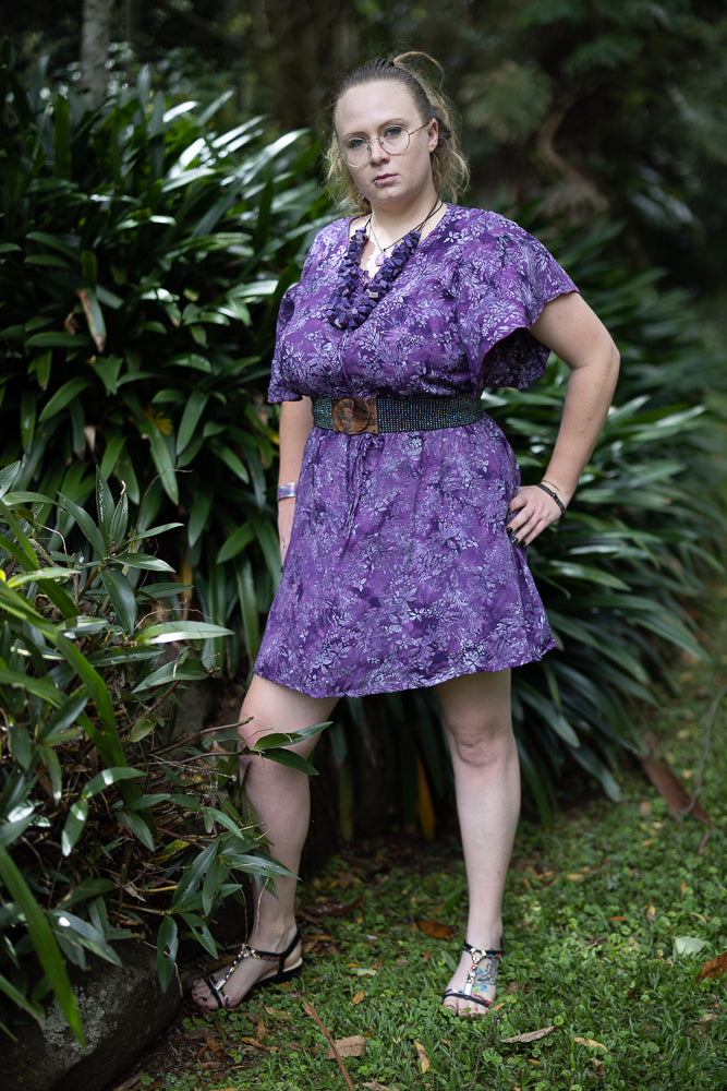 butterfly dress short  purple with white and grey flowers