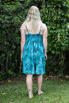 knee length dress with spaghetti straps turquoise and grey