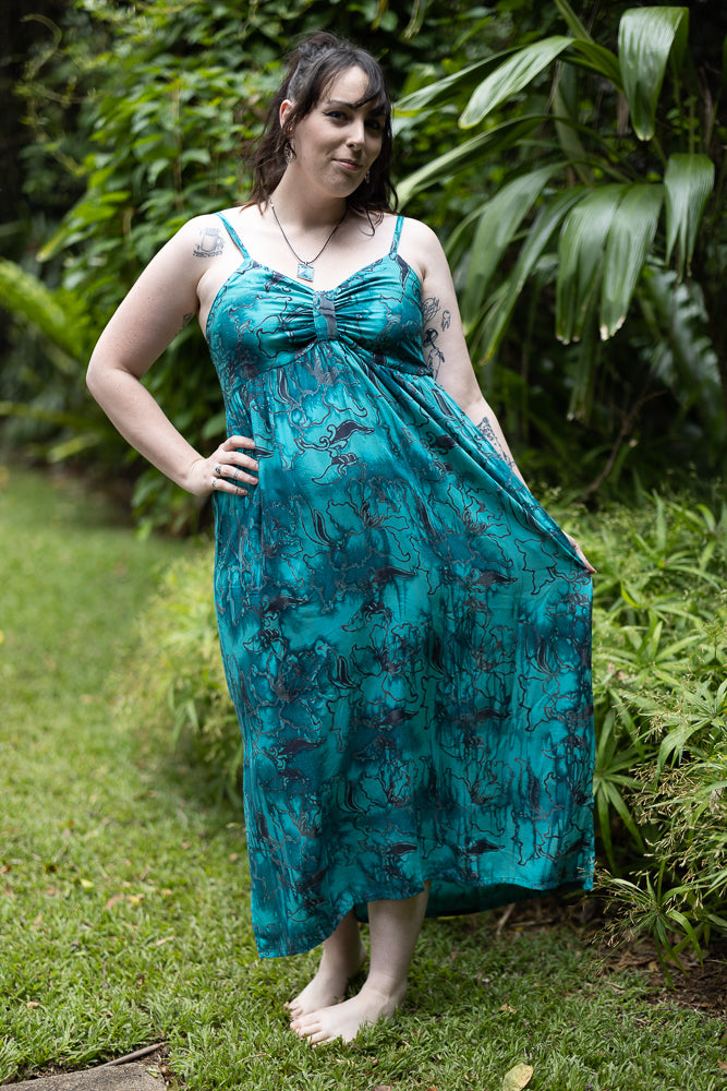 Maxi Bow Dress - Adjustable Spaghetti Straps and Bow shaped bust -  Turquoise with a  Grey Pattern