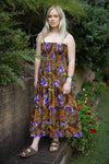 Maxi Shirred Dress - Adjustable Spaghetti Straps and shirred Top -  Lara: Mixed Animal with Purple and Orange Flowers