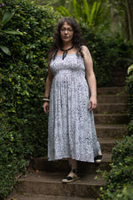 Maxi Shirred Dress - Adjustable Spaghetti Straps and Shirred Top - White and Black Leopard Pattern
