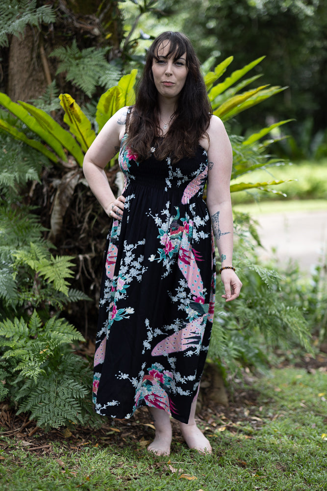 Maxi Shirred Dress - Adjustable Spaghetti Straps and shirred top - Black with Flowers and Peacocks
