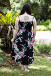 Maxi Shirred Dress - Adjustable Spaghetti Straps and shirred top - Black with Flowers and Peacocks