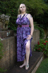 Maxi Shirred Dress - Adjustable Spaghetti Straps and Shirred Top - Soft Purple with White and Grey Flowers