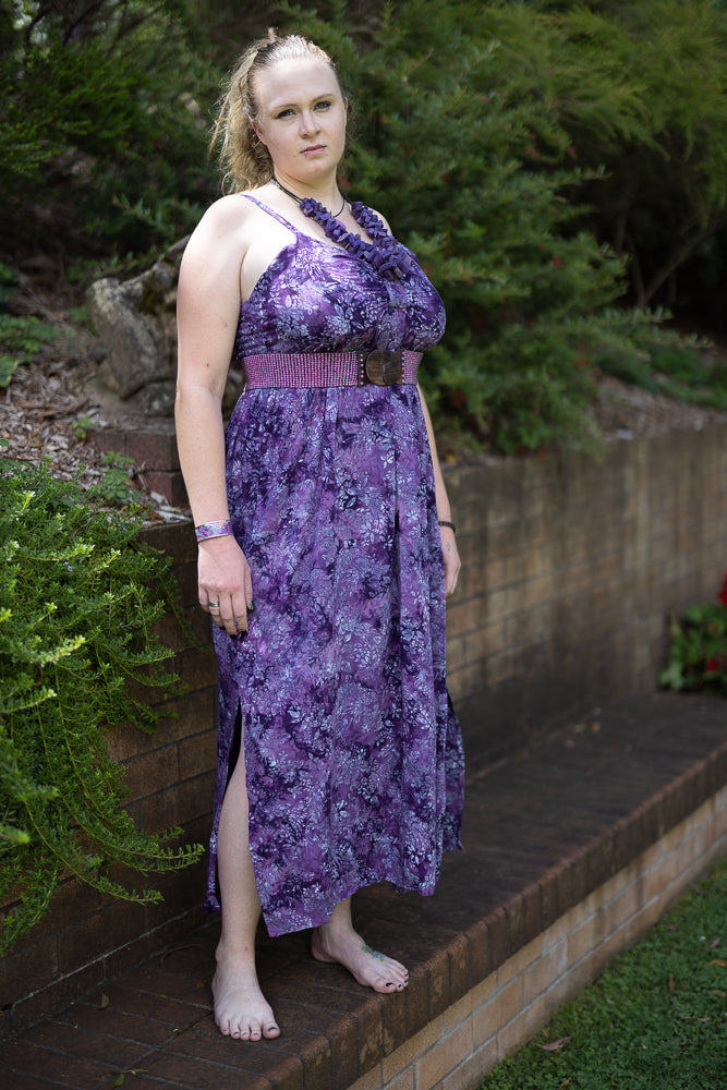Maxi Shirred Dress - Adjustable Spaghetti Straps and Shirred Top - Soft Purple with White and Grey Flowers