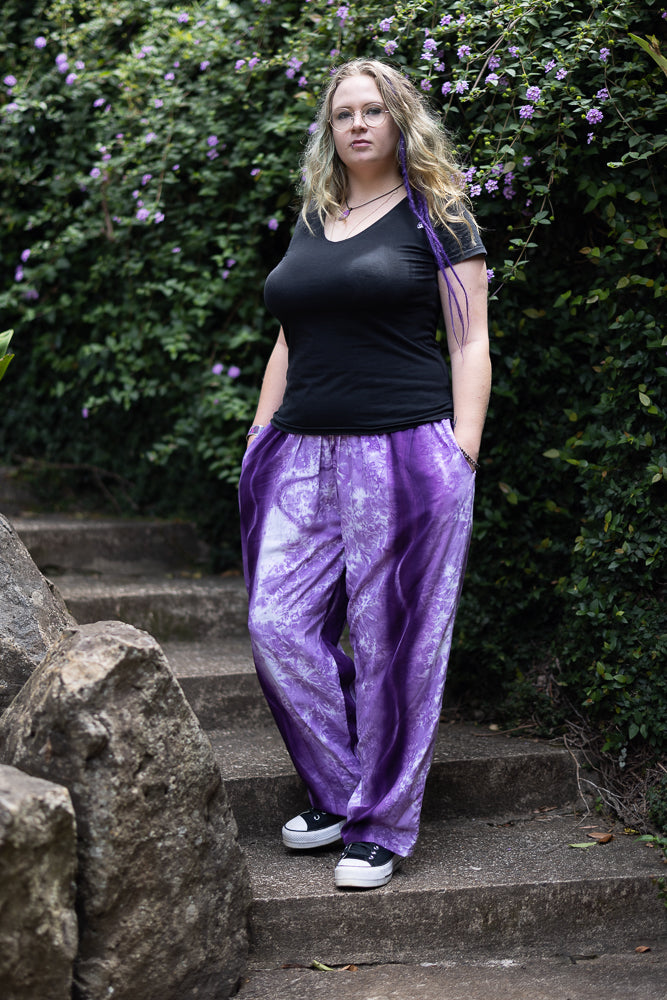 Full Length Pants with Elastic Waist and Pockets - Purple and White Tie Dye