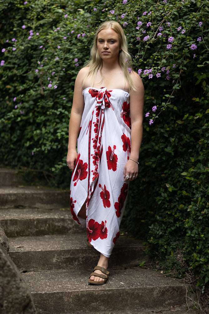 sarong tube dress white with red hibiscus flowers