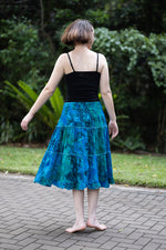 skirt mid length blue with black seaweed pattern
