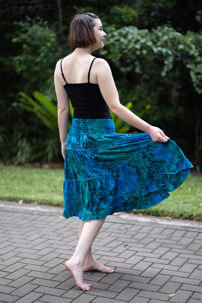 skirt mid length hues of blue with black seaweed pattern