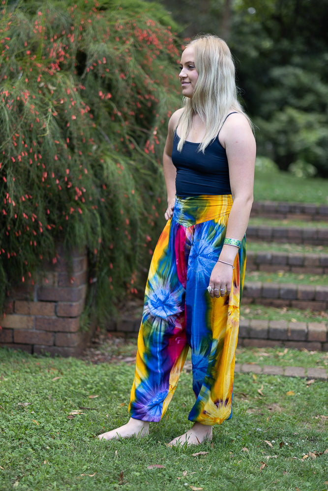 Traditional Bohemian Hippie Harem Pants with Pockets and a Panel front and soft ankle cuffs - Vibrant Tie Dye Rainbow