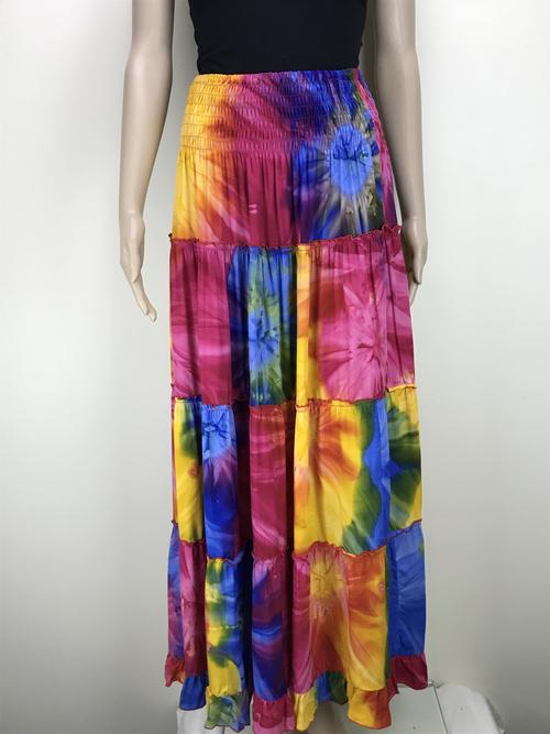 long skirt shirred waist - tie dye rainbow