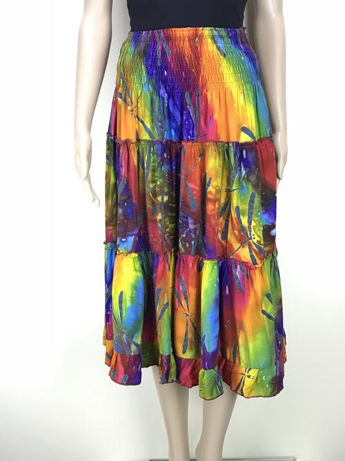 midi skirt shirred waist - dragonfly rainbow