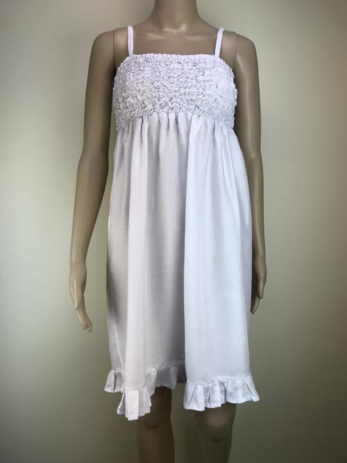 girls short white dress with shirred ruched top and adjustable spaghetti straps